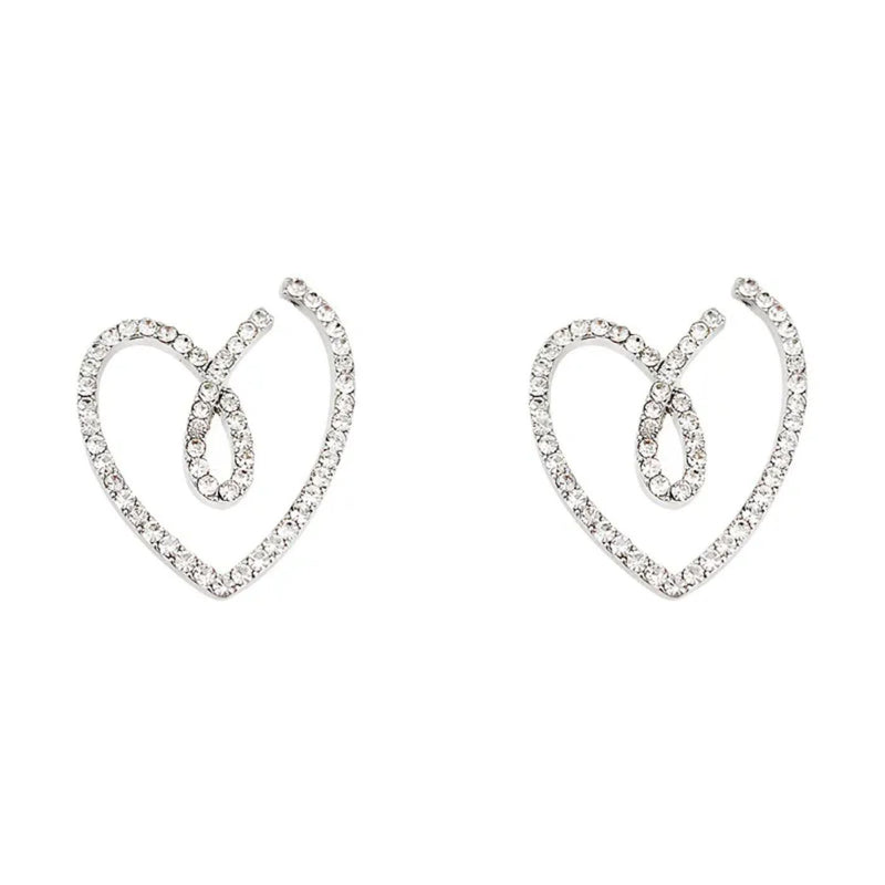 Open Heart Stud Rhinestone Silver Fashion Women Earrings
