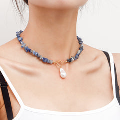 Blue Natural Stones, Gold Buckle Pearl Charm Necklace