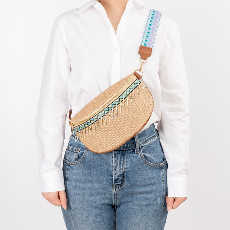 The Bead Trim Straw Weave Crossbody Bag