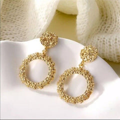 Dangle Drop Gold Textured Circle Stud Earrings