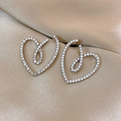 Open Heart Stud Rhinestone Silver Fashion Women Earrings