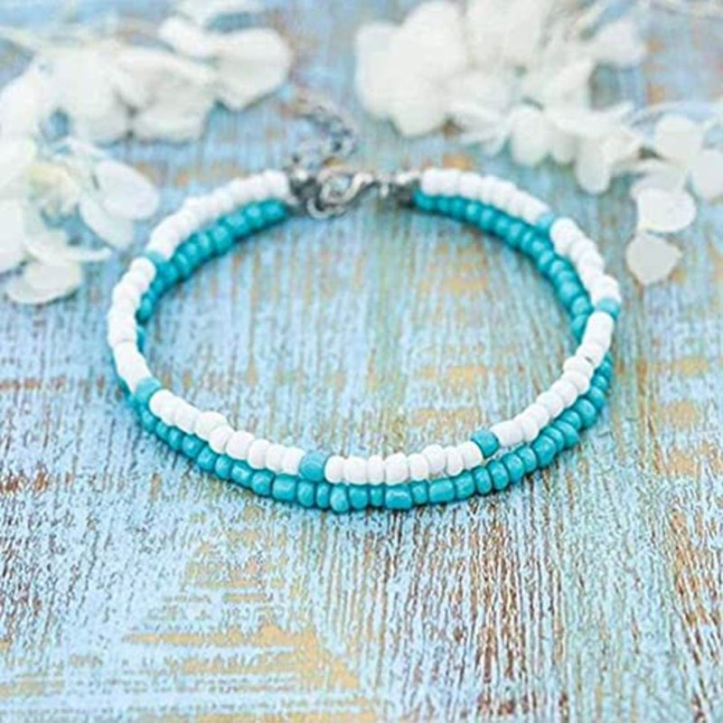 Summer Blue and White Beads 2 Layers Anklet Bracelet