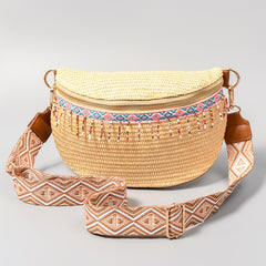 The Bead Trim Straw Weave Crossbody Bag