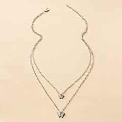 Double Layered Sparkling Silver Butterfly Necklace