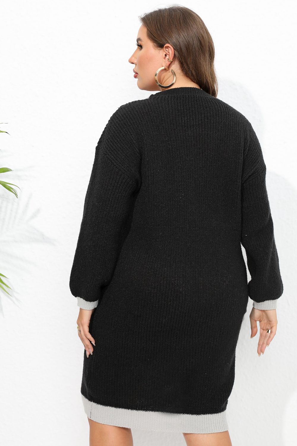 Chic Plus Size Contrast-Color Long Sleeve Sweater Dress