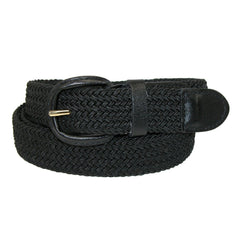 Unisex Braided Elastic Woven Stretch Belt with Genuine Leather Buckle