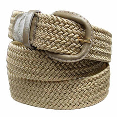 Unisex Braided Elastic Woven Stretch Belt with Genuine Leather Buckle Beige Color