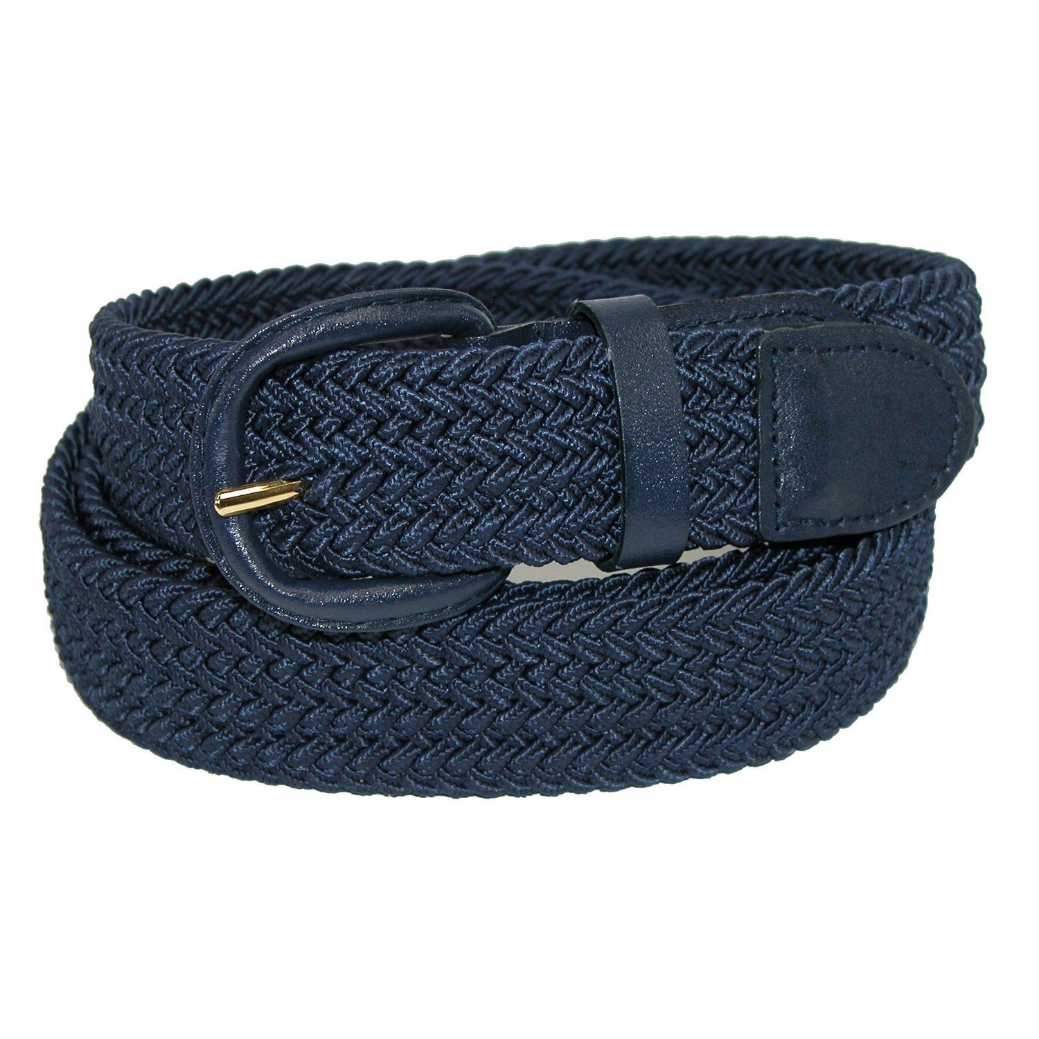 Unisex Braided Elastic Woven Stretch Belt with Genuine Leather Buckle