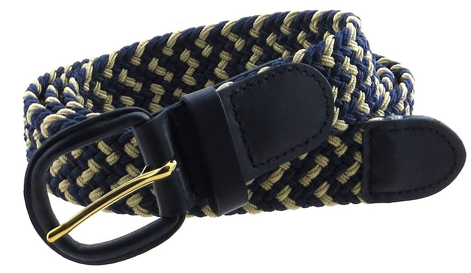 Unisex Braided Elastic Woven Stretch Belt with Genuine Leather Buckle Grey Color