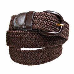 Unisex Braided Elastic Woven Stretch Belt with Genuine Leather Buckle Beige Color