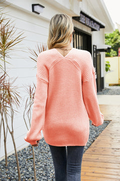 Classy V-Neck Ribbed Dropped Shoulder Sweater