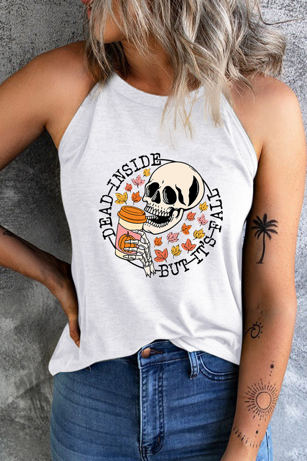 Round Neck DEAD INSIDE BUT IT'S FALL Graphic Tank Top