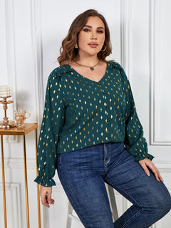 Plus Size Printed Frill Trim Flounce Sleeve Blouse