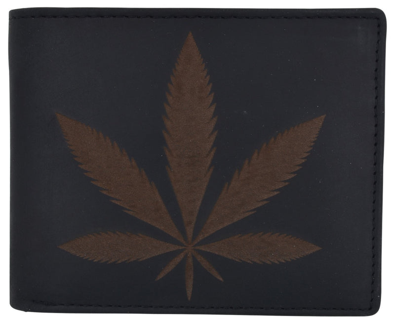 AFONiE RFID Rustic Men Wallet-Marijuana Leaf Design Craft Stamp