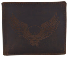 AFONiE RFID Rustic Men Wallet-Skull Wings Design Craft Stamp