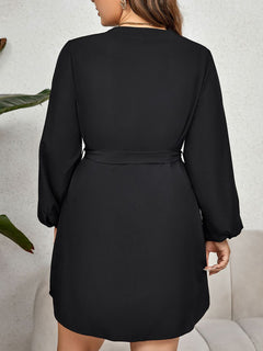 Plus Size Notched Neck Tie Waist Long Sleeve Mini Dress - Wholesale Curve Women's Clothing