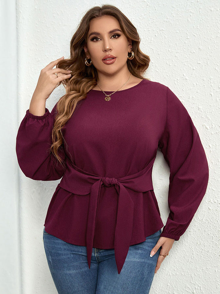 Wholesale Curve Women's Long Sleeve Blouse with Round Neck and Tie Waist