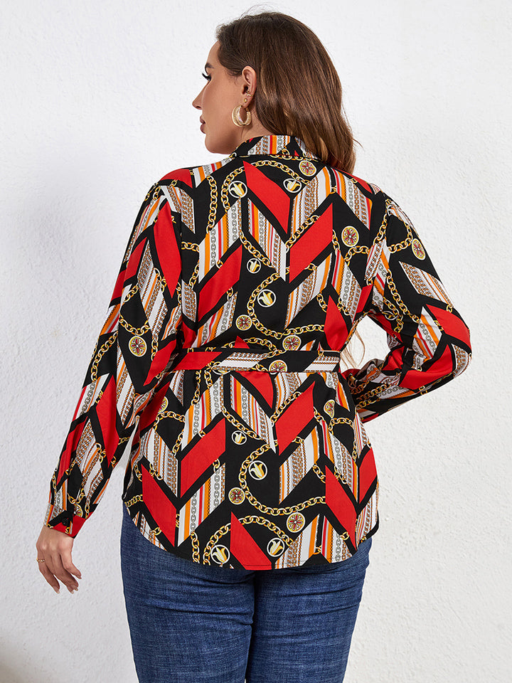 Plus Size Printed Collared Neck Tie Waist Long Sleeve Shirt | Wholesale Curve Women's Clothing