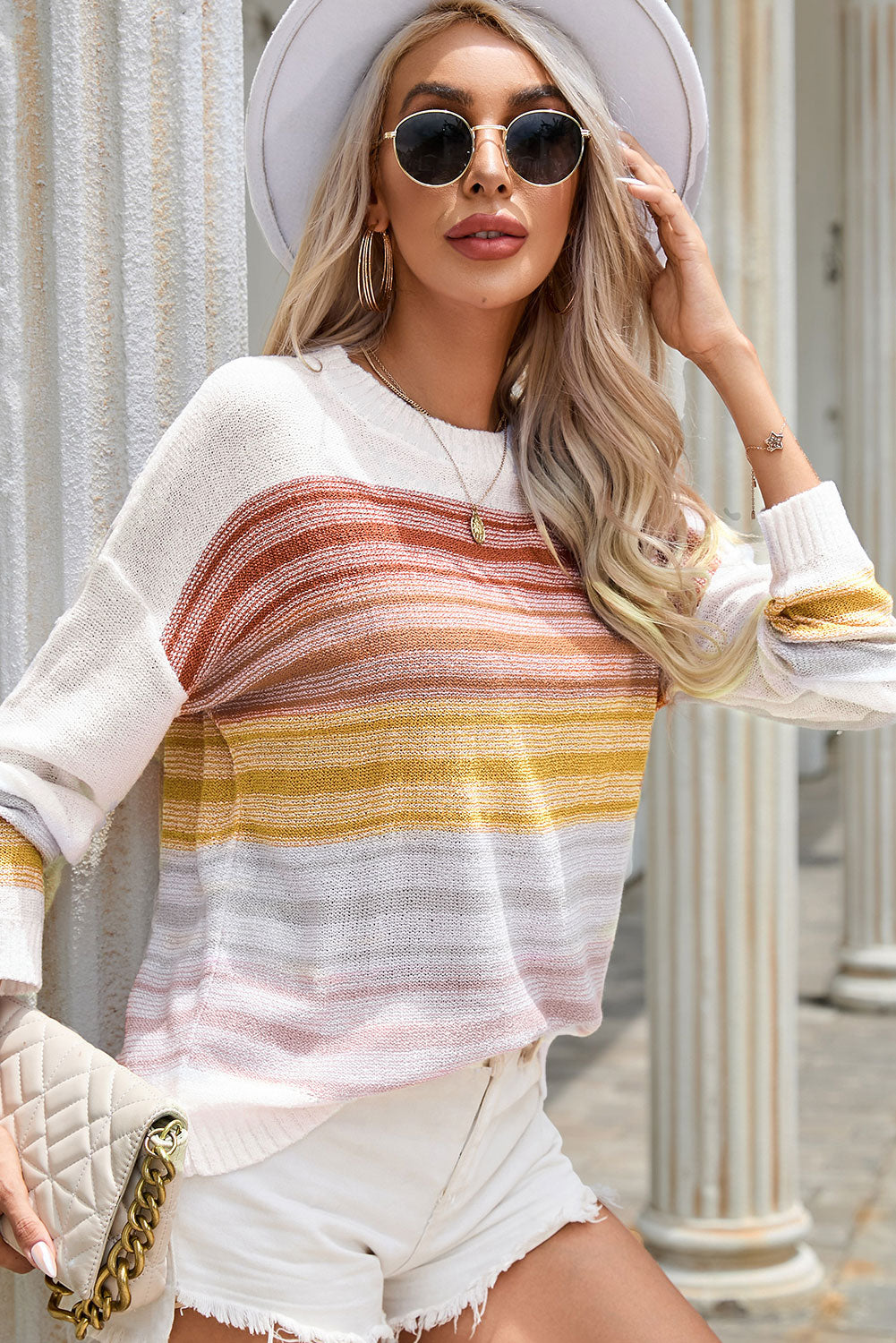 Round Neck Printed Dropped Shoulder Knit Top