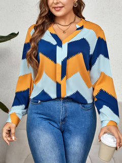 Plus Size Printed Notched Neck Long Sleeve Blouse