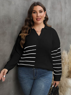 Striped V-Neck Sweater for Curve and Plus Size Women