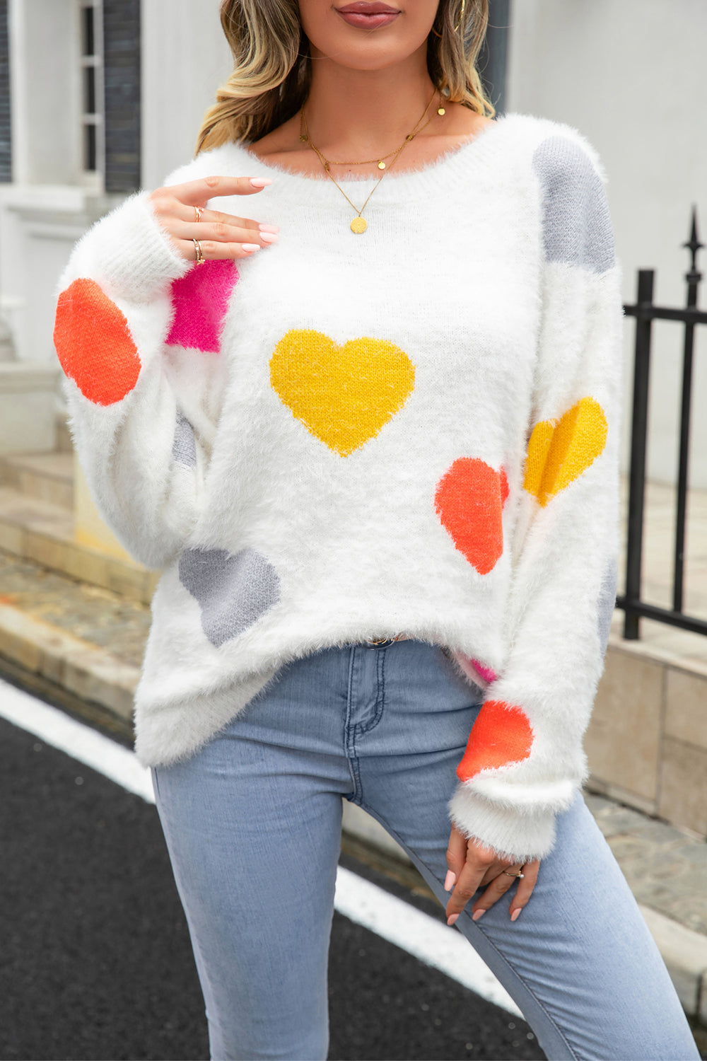 Heart Pattern Round Neck Long Sleeve Sweater