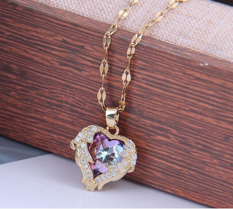 Colorful Crystal Heart Shaped Necklace Covered With Angel Wings