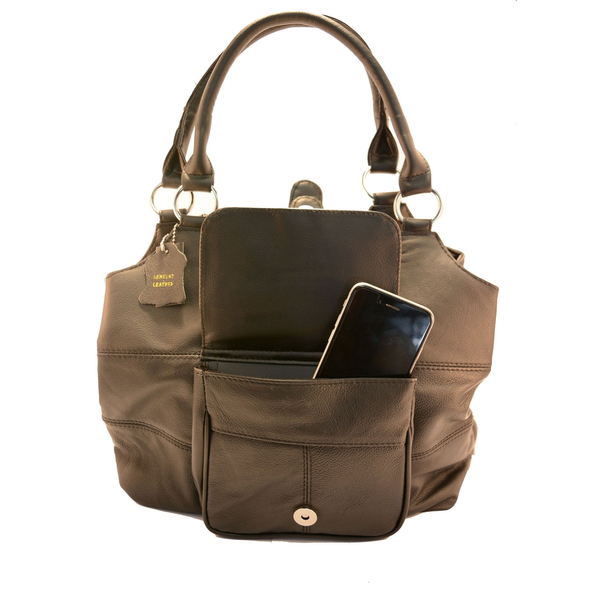 AFONiE Brown Genuine Leather 3 Compartments Ladies Handbag 