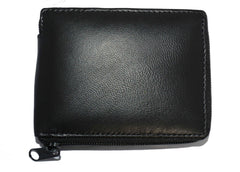 Genuine Flip ID Zipped Soft Leather Bifold Wallet - Black