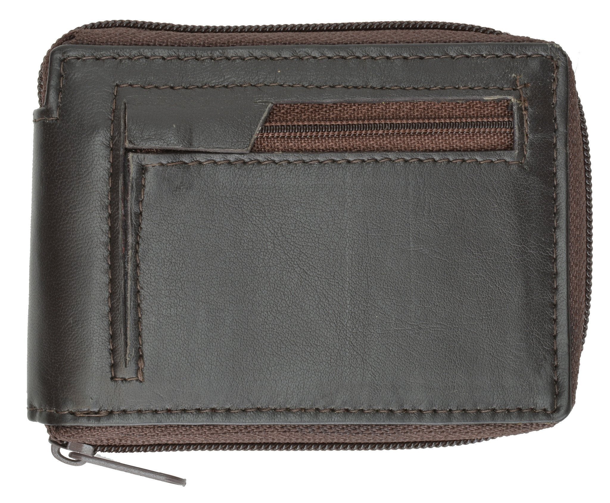 Genuine Leather Bifold Wallet Zippered - Black