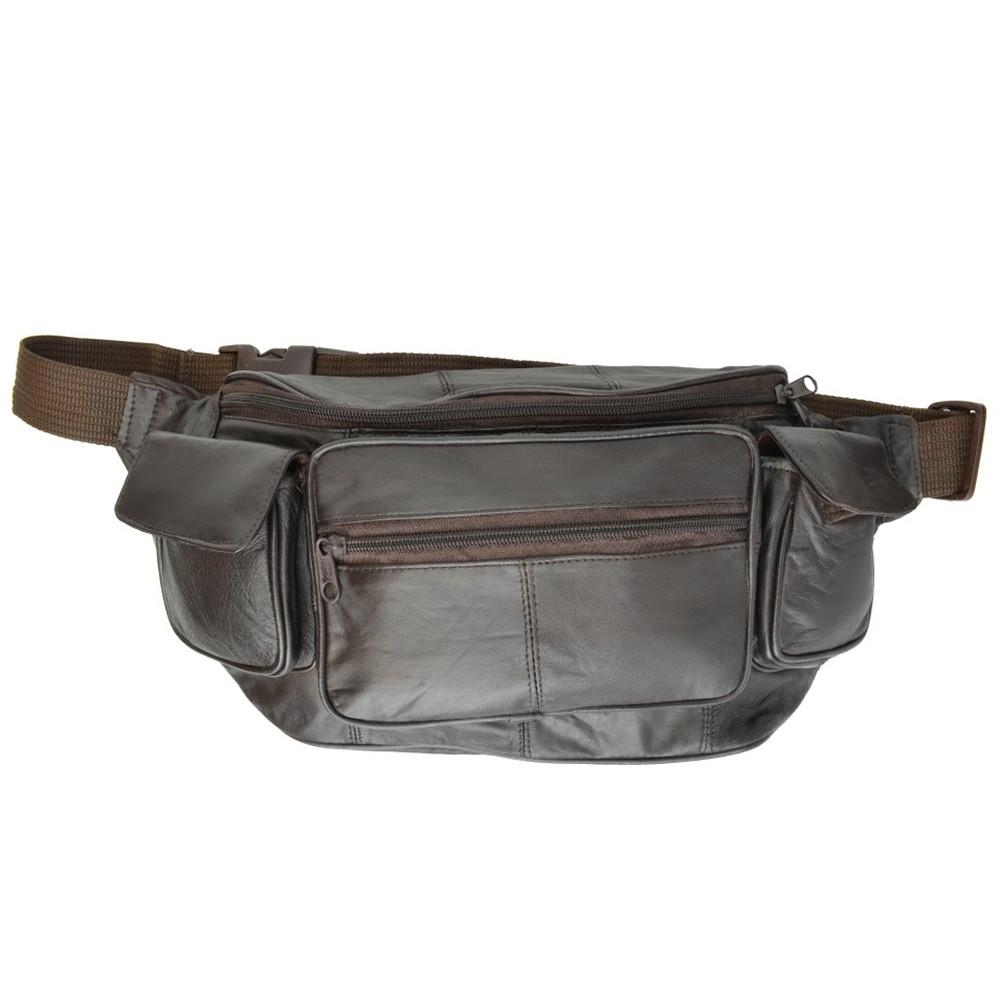 AFONiE Eight Pockets Genuine Jumbo Size Leather Fanny Pack - Brown