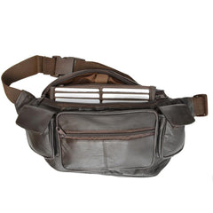 AFONiE Eight Pockets Genuine Jumbo Size Leather Fanny Pack - Brown