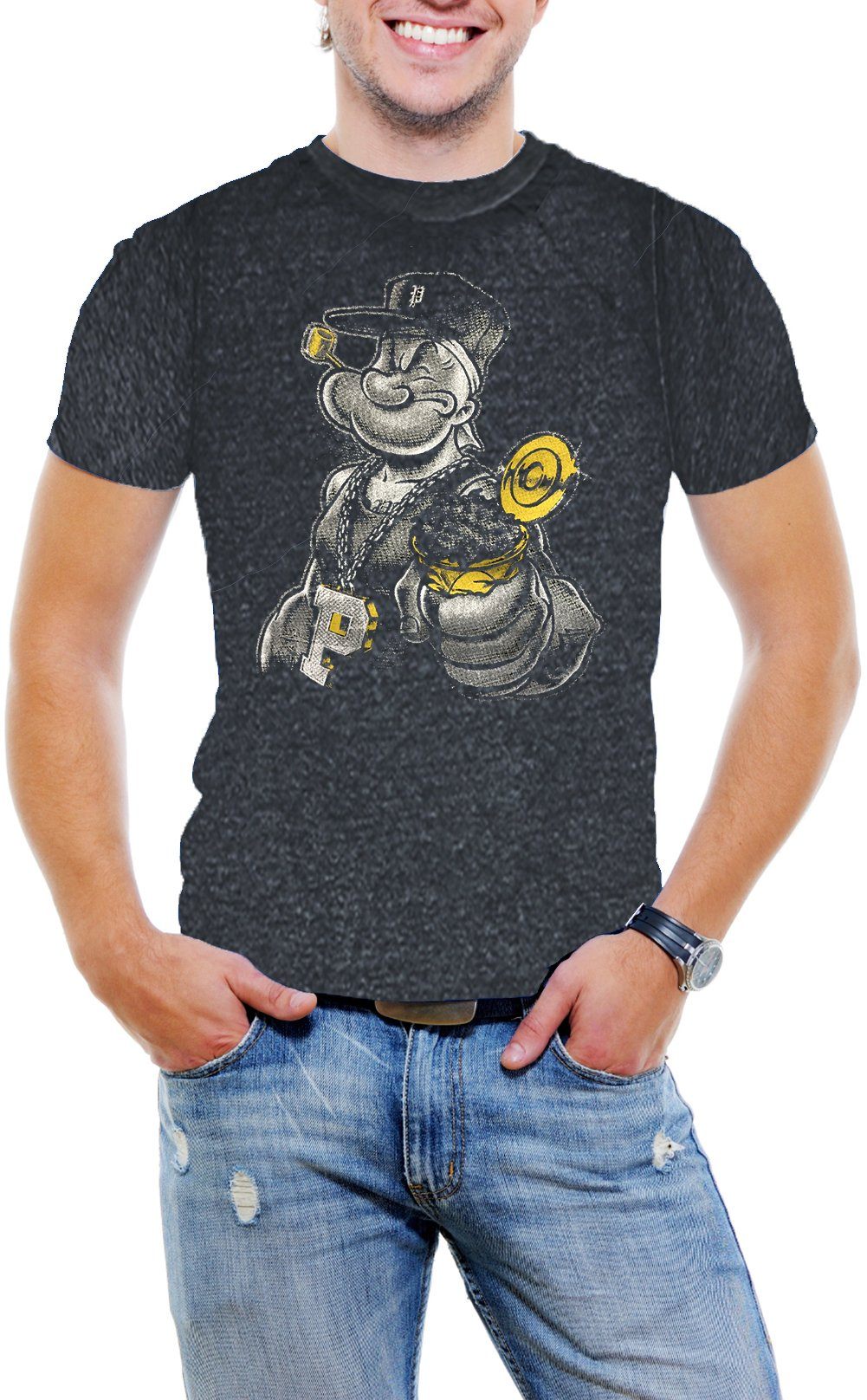 AFONiE Gangster Popeye Men Acid Wash T-Shirt Soft Cotton Short Sleeve Tee