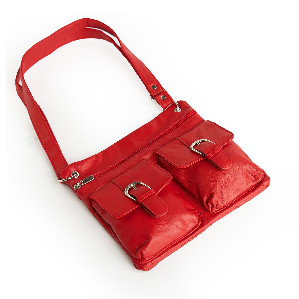 Deluxe Functional Multi Pocket Leather Crossbody Bag - Red