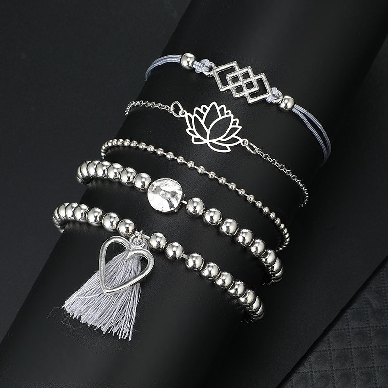 Silver Lotus Love 5 Part Women Bracelet Set