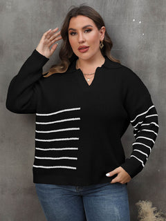 Striped V-Neck Sweater for Curve and Plus Size Women