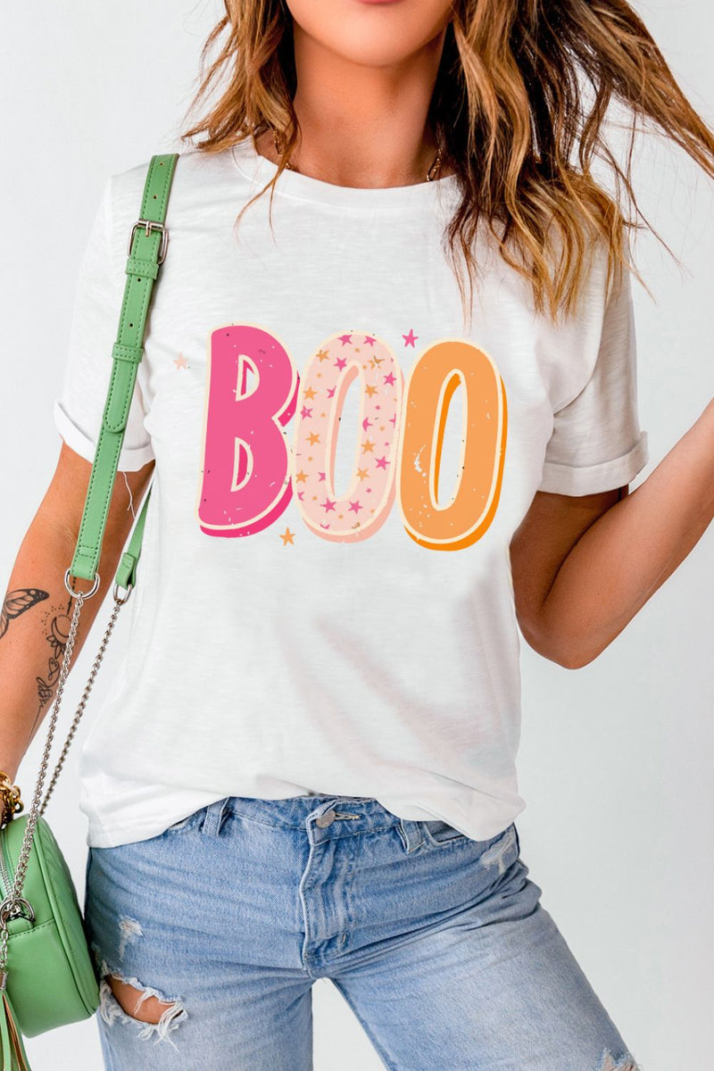 Round Neck Short Sleeve BOO Graphic T-Shirt